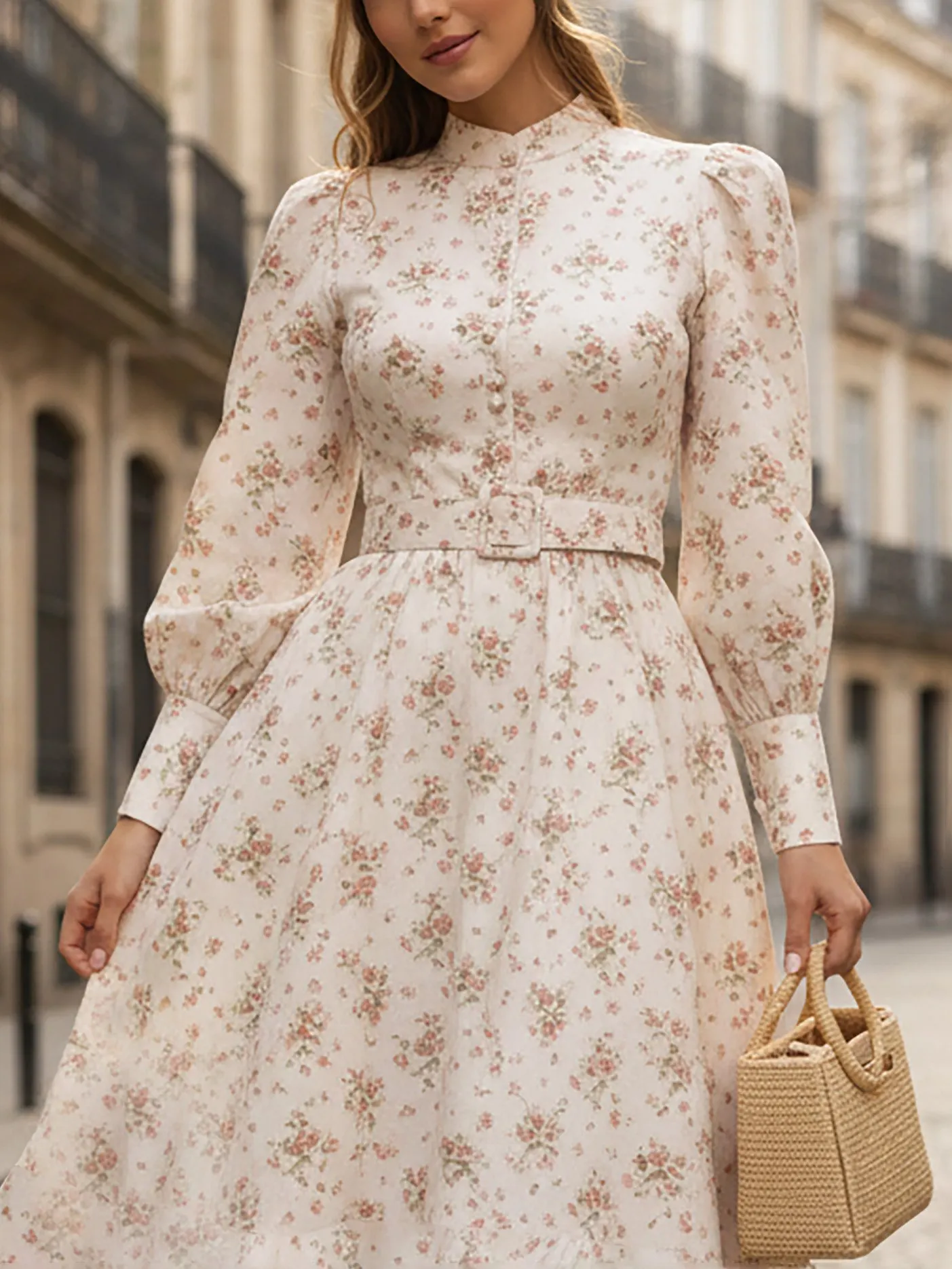 Midi Linen Dress, Long Sleeves, Stand Collar, Floral, Button Design, Vacation, Vintage, Pink - Pink