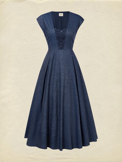 Maxi Linen Denim Dress, Short Sleeves, Sweetheart Neckline, Plain, Lace, Vintage, Blue - Blue