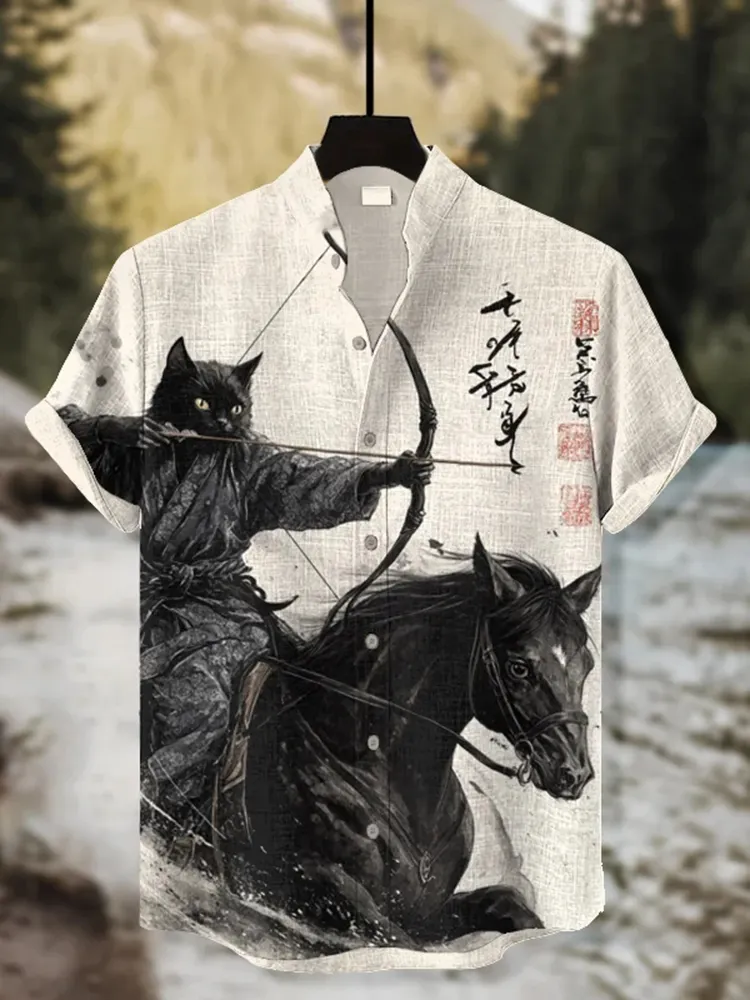 Men's Retro Calligraphy War-horse Black Cat Showa Archer Print Short Sleeve Shirt - White