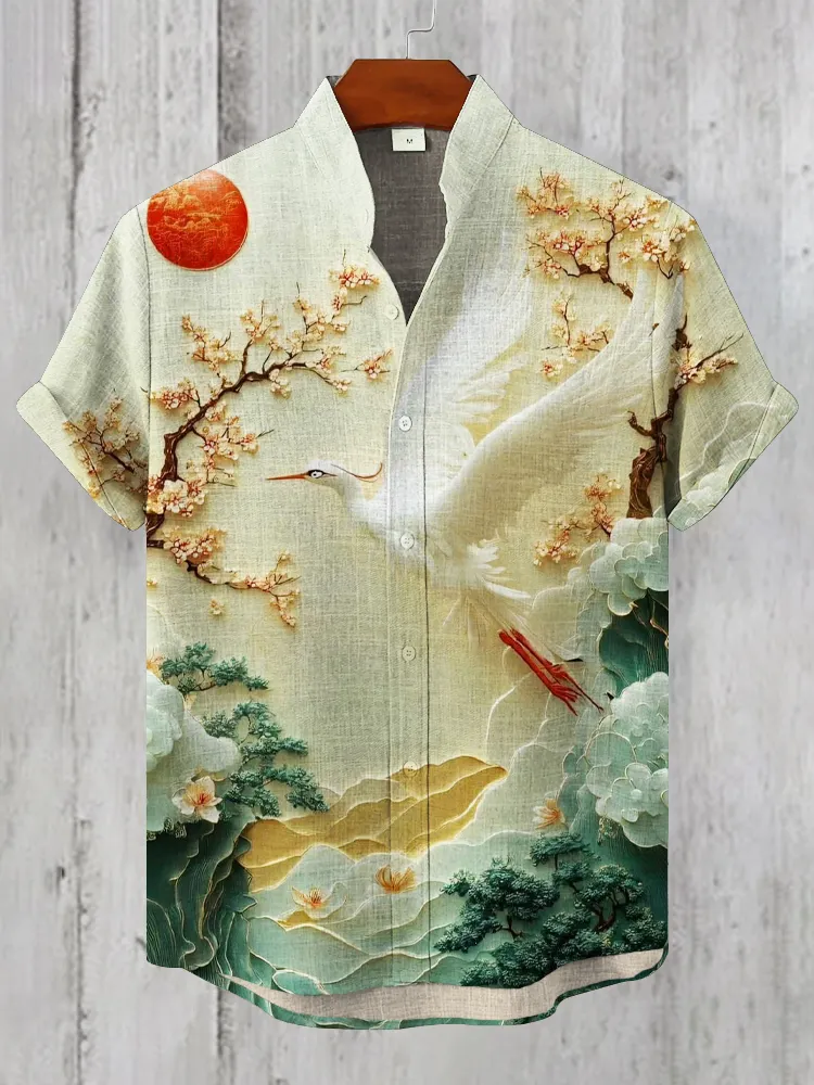 Japanese Art Crane Print Men's Linen Short Sleeve Shirt - Light Green