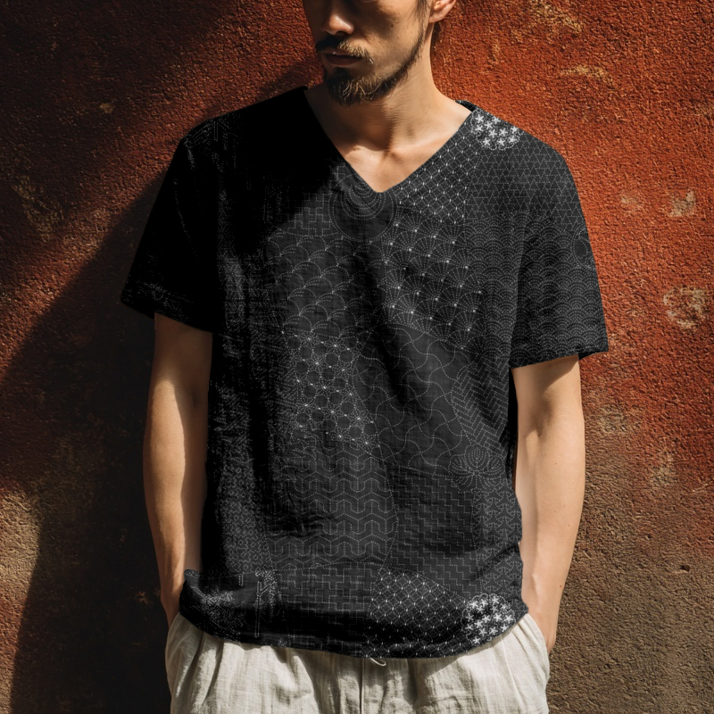 Men's Japanese Traditional Sashiko Art Linen T Shirt - Black