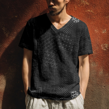 Men's Japanese Traditional Sashiko Art Linen T Shirt - Black