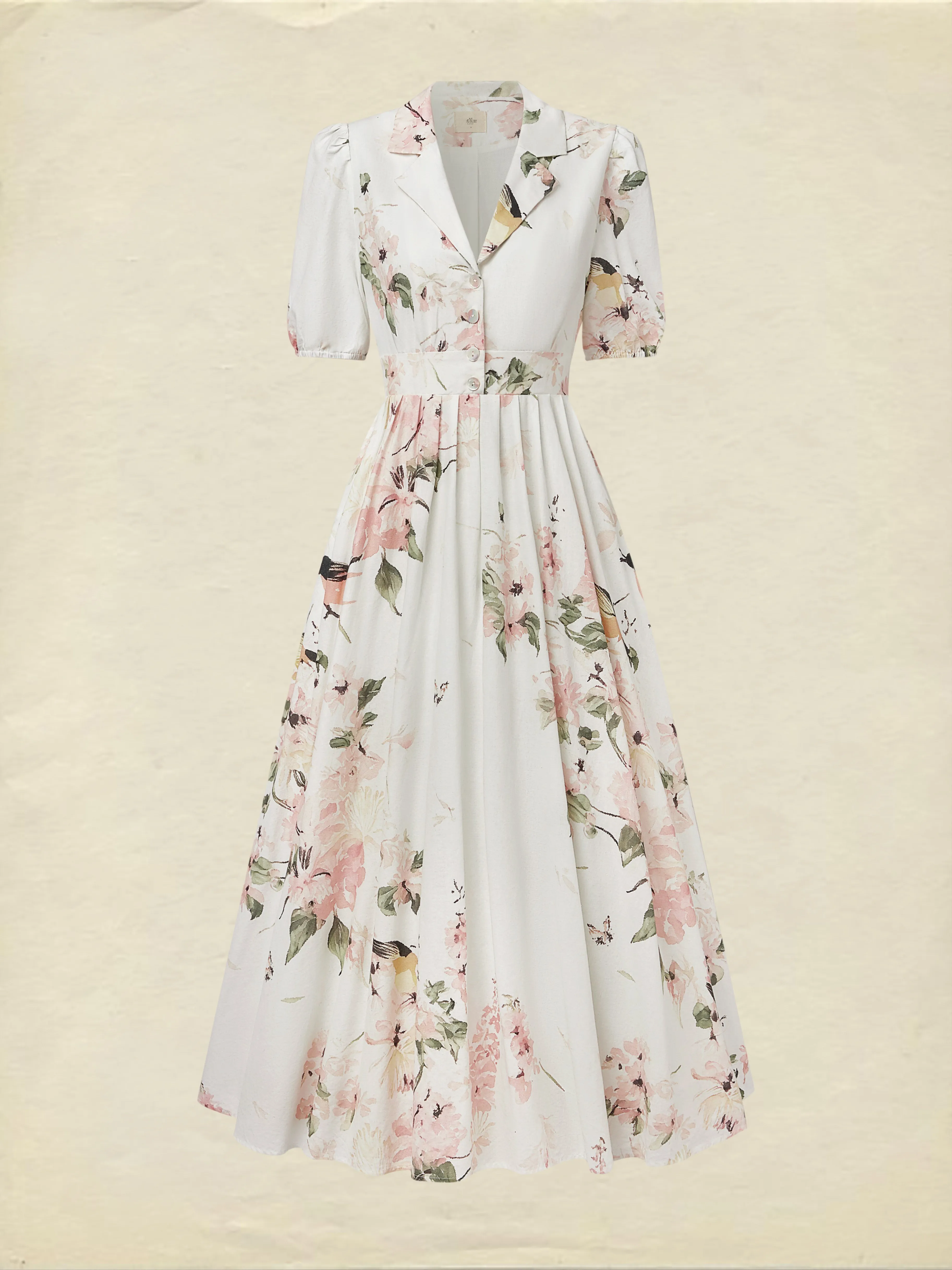 Linen Maxi Dress, Balloon Sleeve, Shawl Collar, Floral, Vintage, White - White