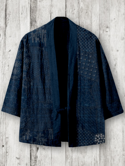 Japanese Traditional Sashiko Art Linen Blend Kimono Cardigan - Black