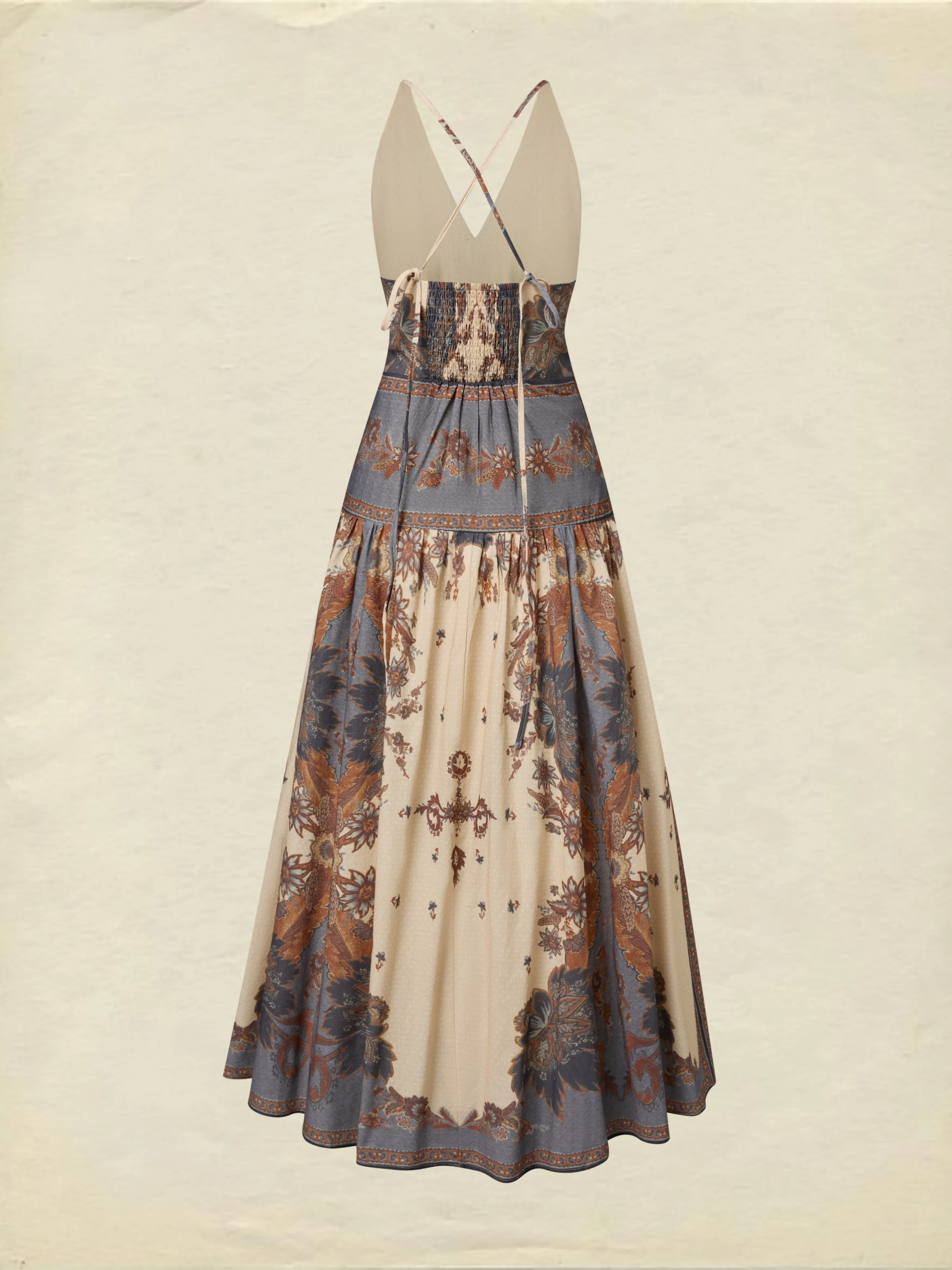 Maxi Cotton Dress, Sleeveless, V Neck, Floral, Belt Design, Vacation, Vintage, Apricot - Apricot