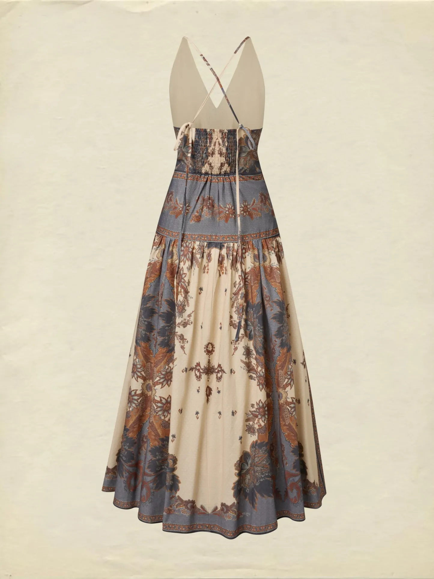 Maxi Cotton Dress, Sleeveless, V Neck, Floral, Belt Design, Vacation, Vintage, Apricot - Apricot