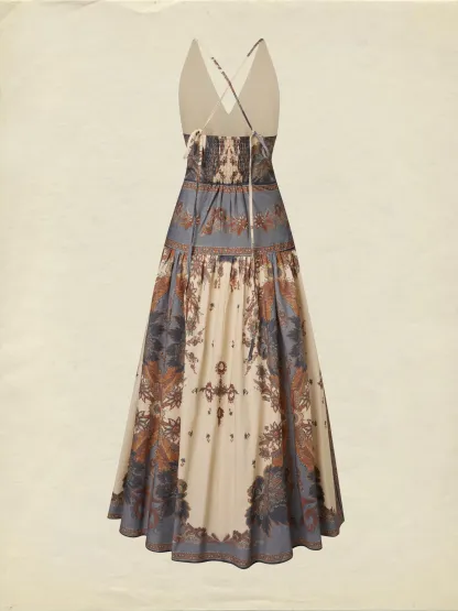 Maxi Cotton Dress, Sleeveless, V Neck, Floral, Belt Design, Vacation, Vintage, Apricot - Apricot