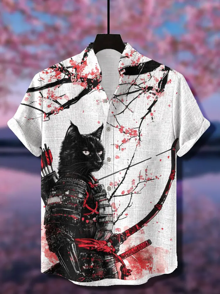 Japanese Style Pink Cherry Blossom Tree Under Black Cat Samurai Pattern Casual Cotton Shirt - White