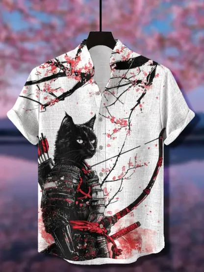 Japanese Style Pink Cherry Blossom Tree Under Black Cat Samurai Pattern Casual Cotton Shirt - White
