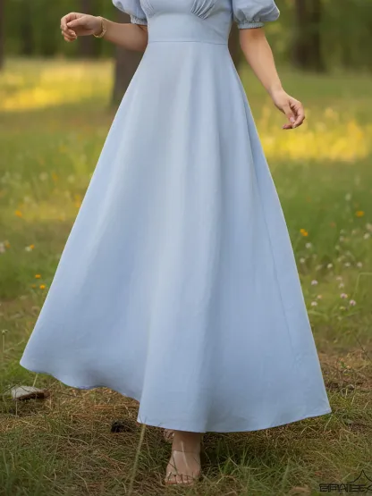Maxi Linen Dress, Short Sleeves, Sweetheart Neck, Plain, Vintage, Blue - Blue