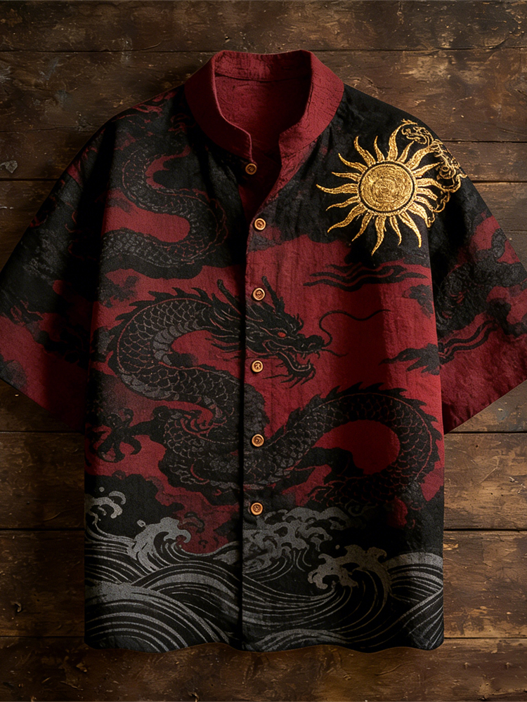 Japanese Ocean & Dragon Totem Men's Linen Short Sleeve Shirt - Dark red