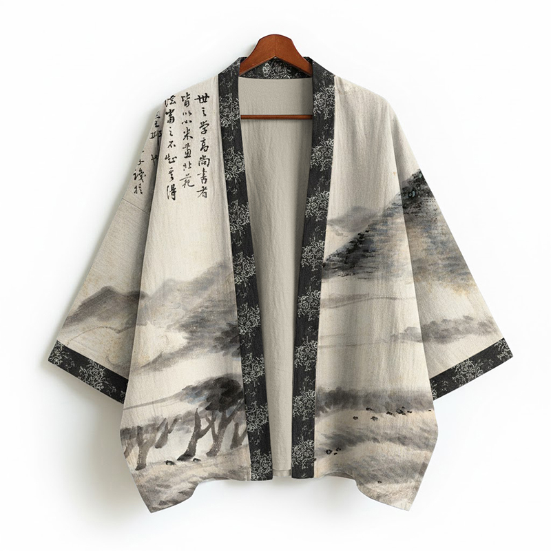 Ink Painting Art Pattern Linen Kimono Cardigan - Beige