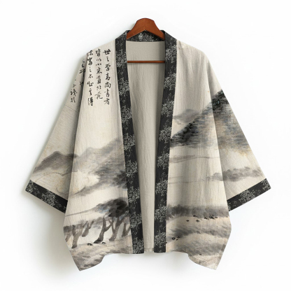 Ink Painting Art Pattern Linen Kimono Cardigan - Beige