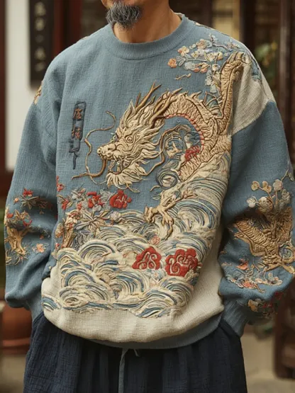 Men's Japanese Dragon And Wave Art Print Sweatshirt - Blue