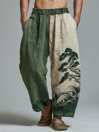 Men's Japanese Waves & Pine Embroidered Contrast Color Linen Pants - Green