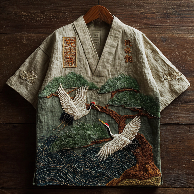 Japanese Cranes & Pine Tree Over Sea Waves Embroidered Linen Shirt - Beige