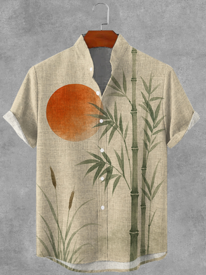 Men's Japanese Art Bamboo And Sunset Print Casual Short Sleeve Shirt - Khaki