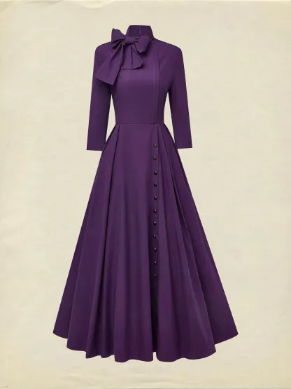 Maxi Cotton Dress, Half Sleeve, Turtleneck, Plain, Button Design, Vintage, Deep Purple, Halloween - Deep Purple