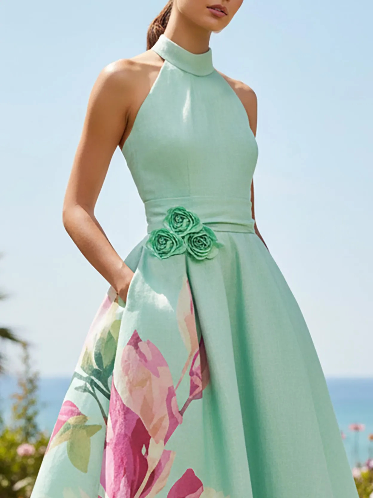 Midi Linen Dress, Sleeveless, Round Neck, Floral, 3D Floral, Vacation, Vintage, mint - mint