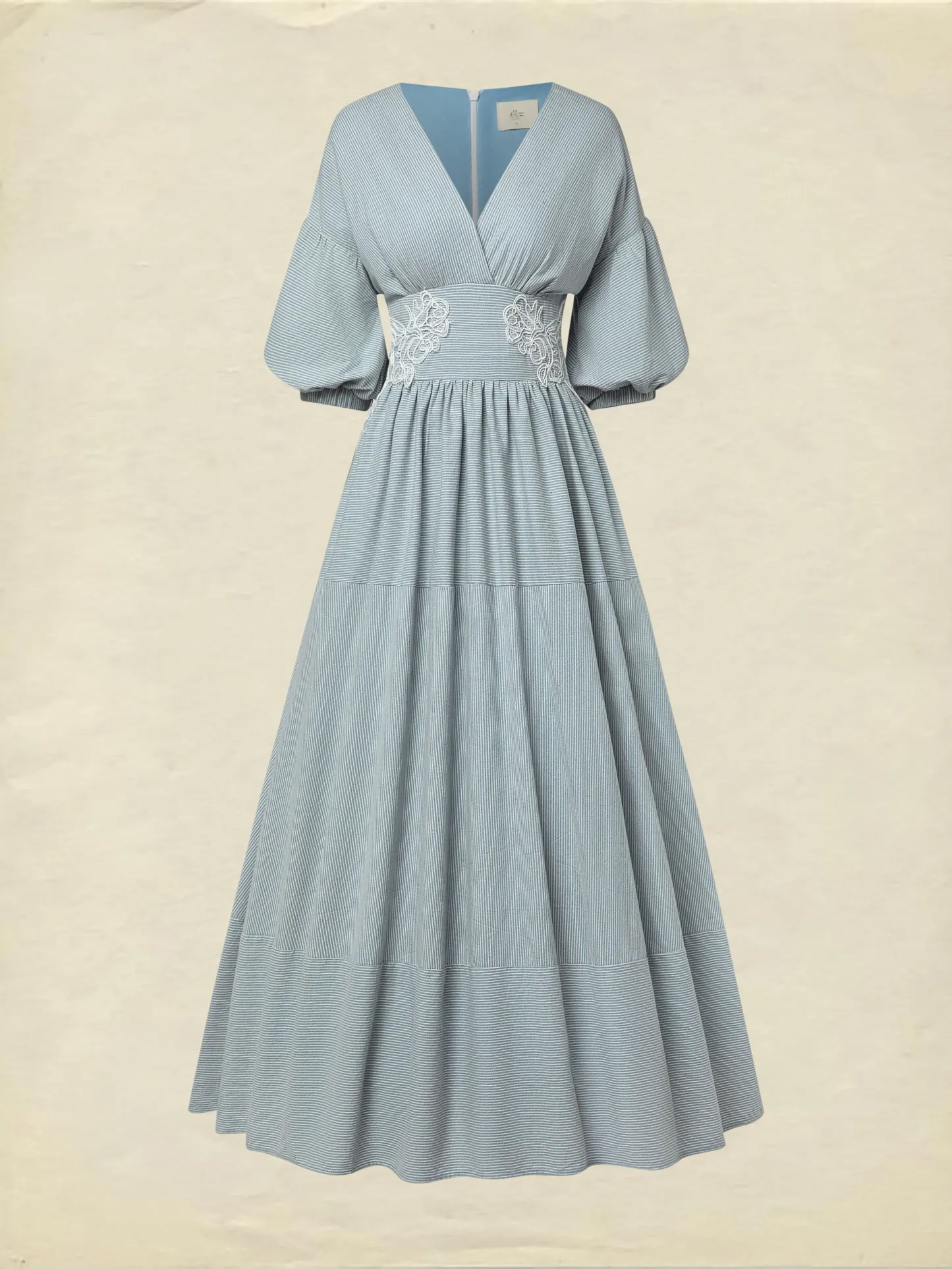 Maxi Cotton Dress, Half Sleeve, V Neck, Plaid, Lace, Vintage, Blue - Blue