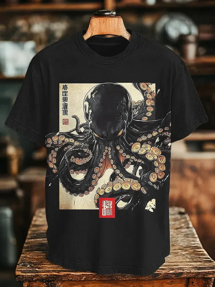 Men's Dark Octopus Japanese Art Print T-shirt - Black