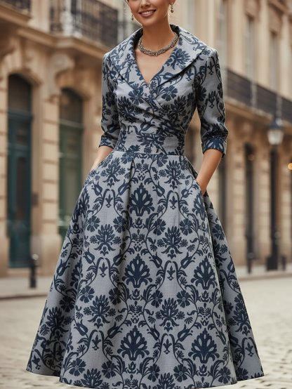 Midi Linen Dress, Half Sleeve, Shawl Collar, Paisley, Pocket Design, Vintage, Blue - Blue