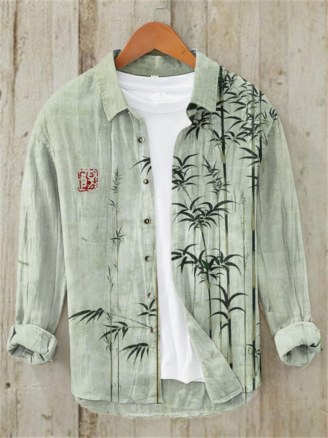 Bamboo Japanese Art Casual Linen Blend Shirt - Khaki