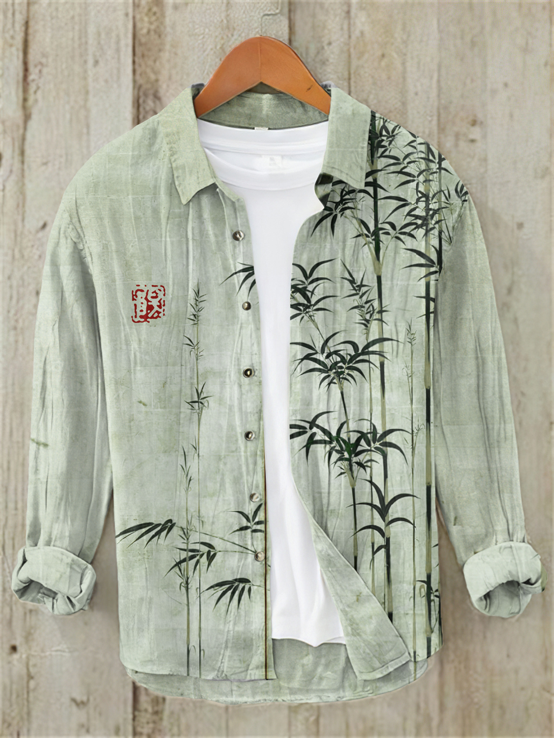 Bamboo Japanese Art Casual Linen Blend Shirt - Khaki