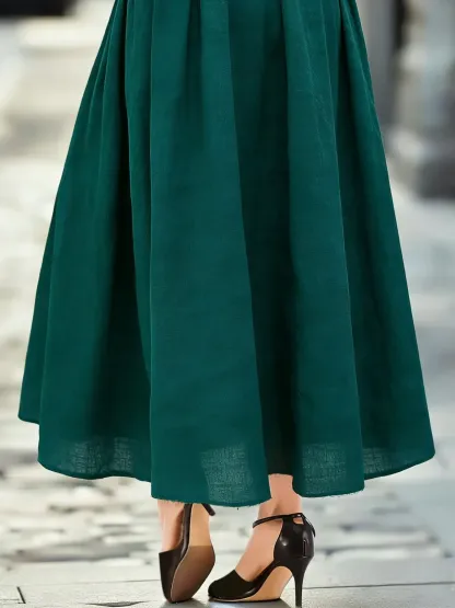 Maxi Linen Skirt, Plain, Bow, Vintage, Cyan - Cyan