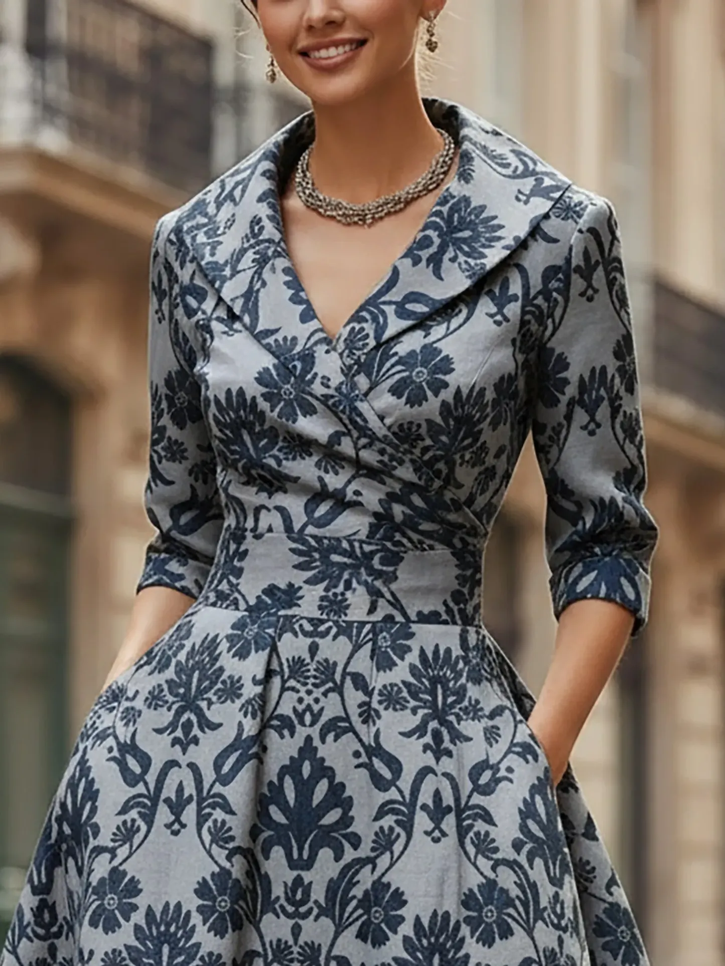 Midi Linen Dress, Half Sleeve, Shawl Collar, Paisley, Pocket Design, Vintage, Blue - Blue