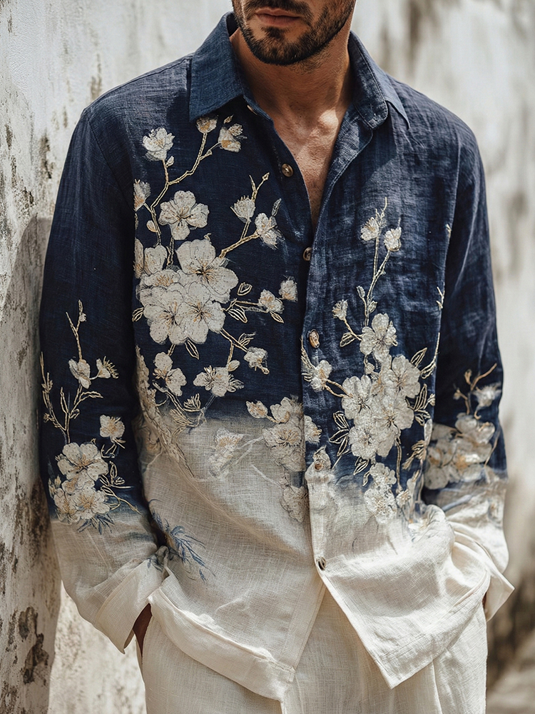 Men's Japanese-style White Almond Blossom Gradient Art Casual Linen Shirt - Blue white