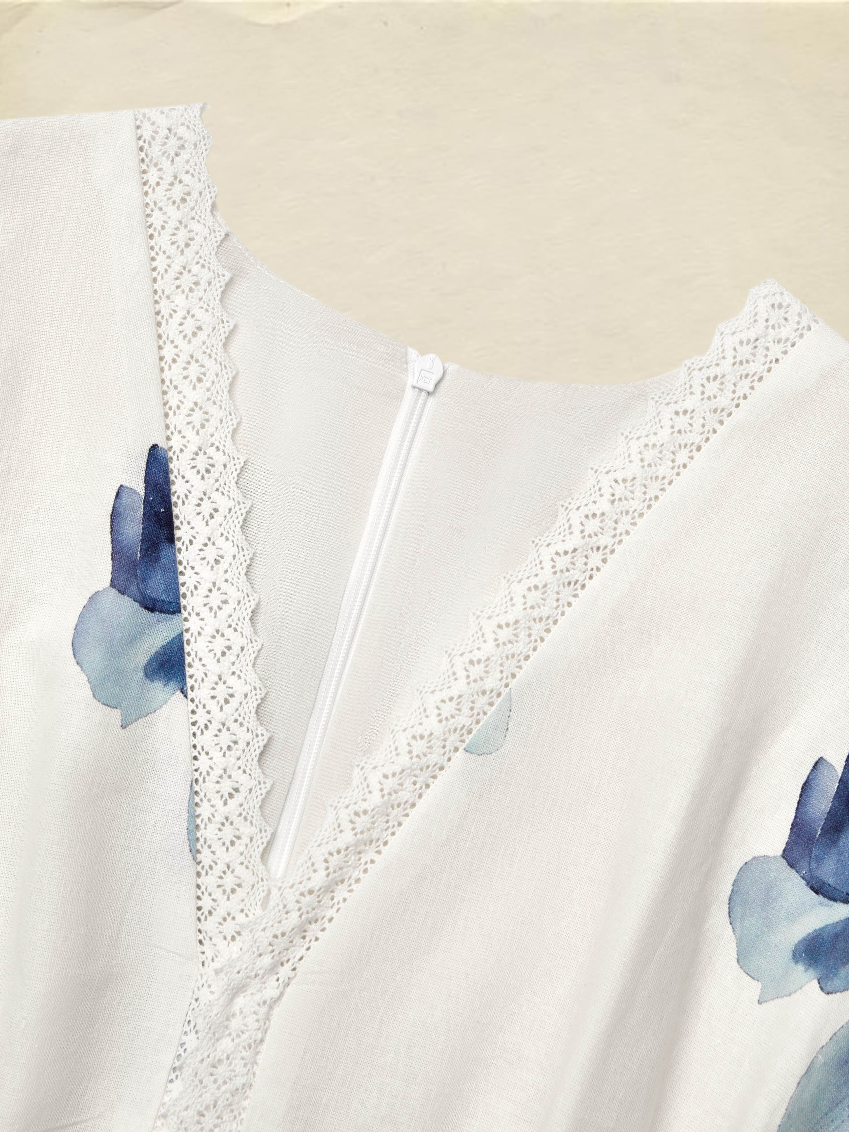 (SIZE:XS-XXL)Linen Maxi Dress, Sleeveless, V neck, Floral, Vintage, White - White