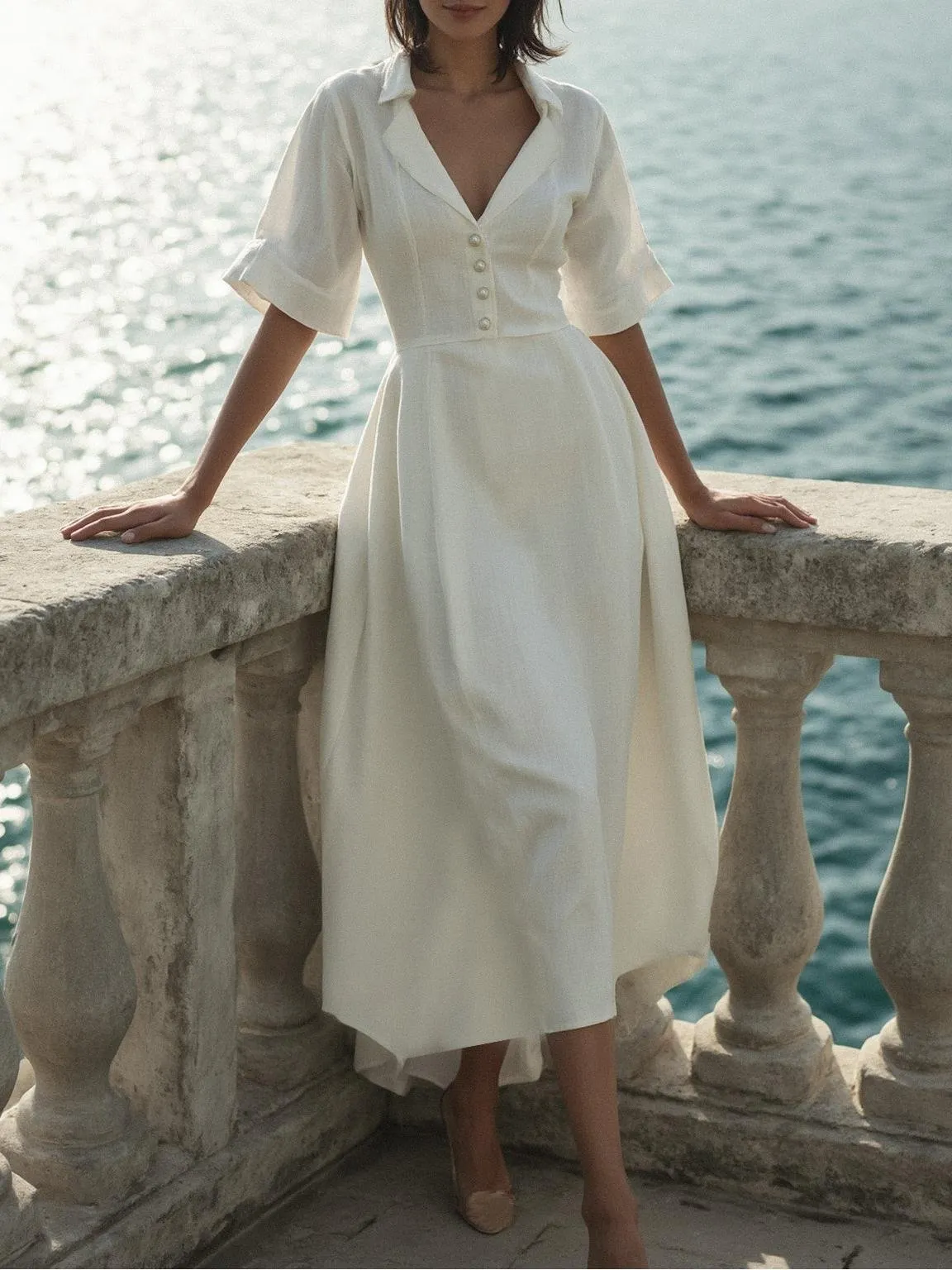 Linen Maxi Dress, Half Sleeve, Shawl Collar, Plain, Vintage, White - White