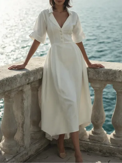 Linen Maxi Dress, Half Sleeve, Shawl Collar, Plain, Vintage, White - White