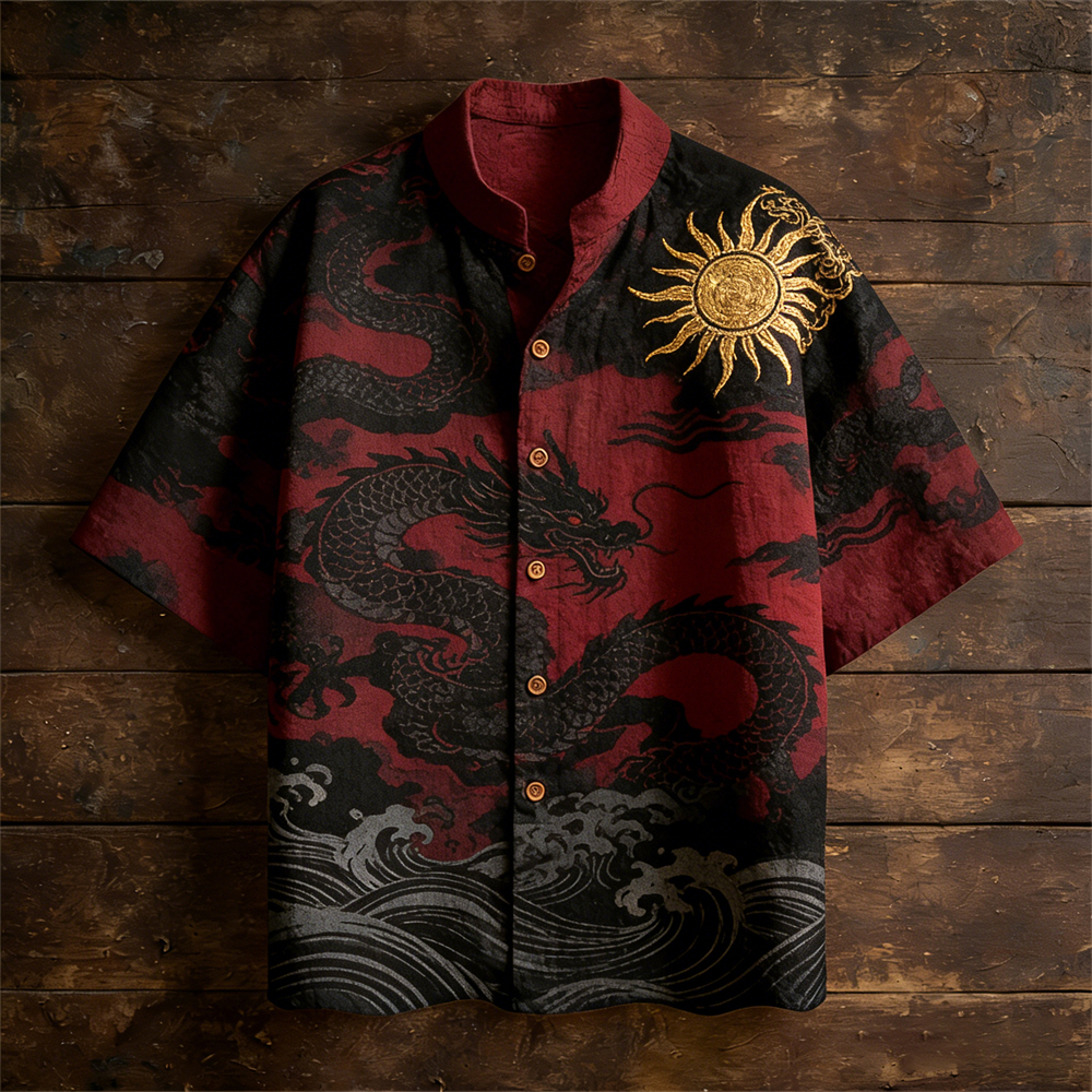 Japanese Ocean & Dragon Totem Men's Linen Short Sleeve Shirt - Dark red