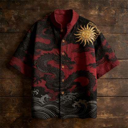 Japanese Ocean & Dragon Totem Men's Linen Short Sleeve Shirt - Dark red