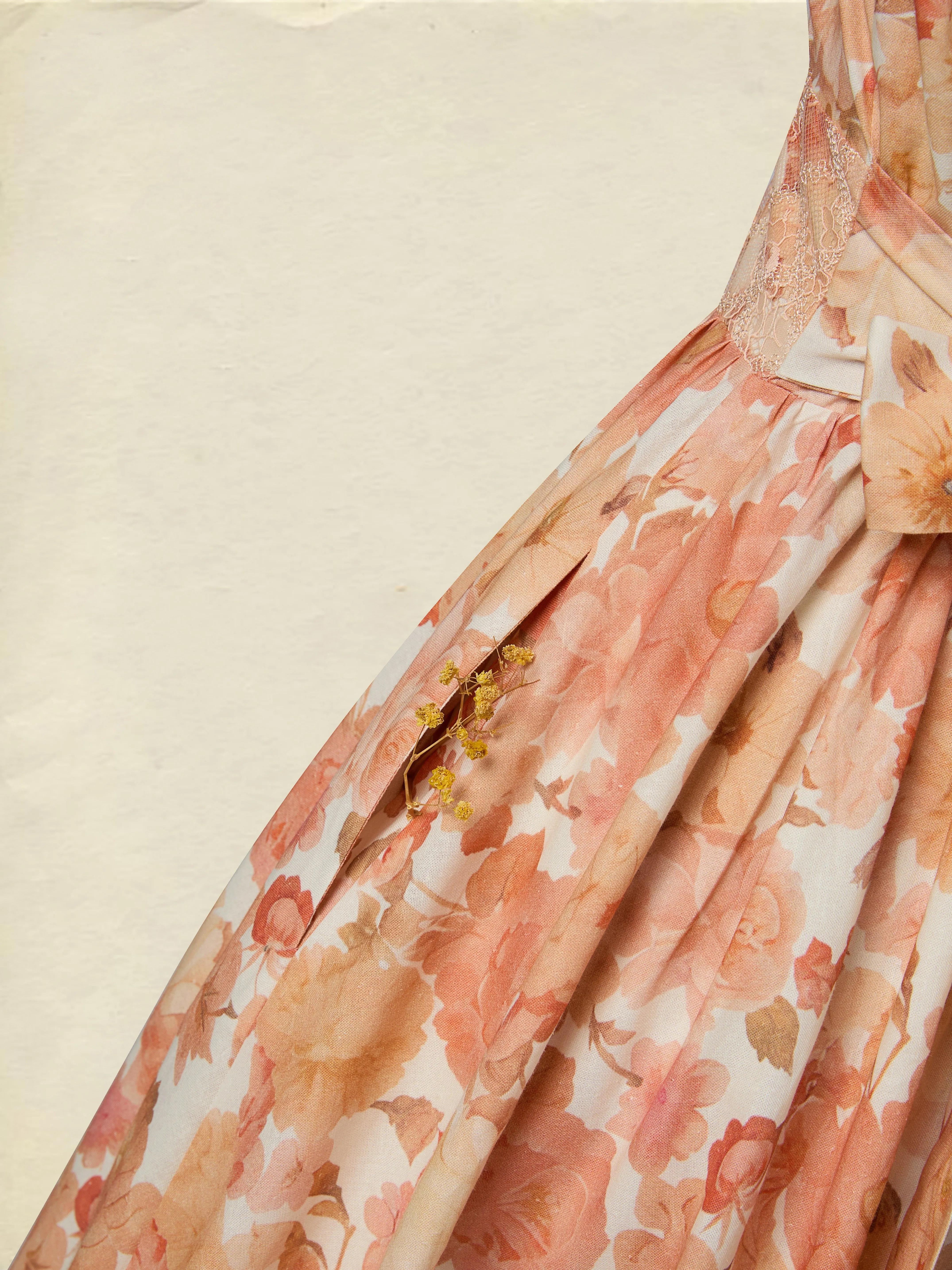 Maxi Linen Dress, Sleeveless, V Neck, Floral, Lace, Vacation, Vintage, Light Orange - Light Orange