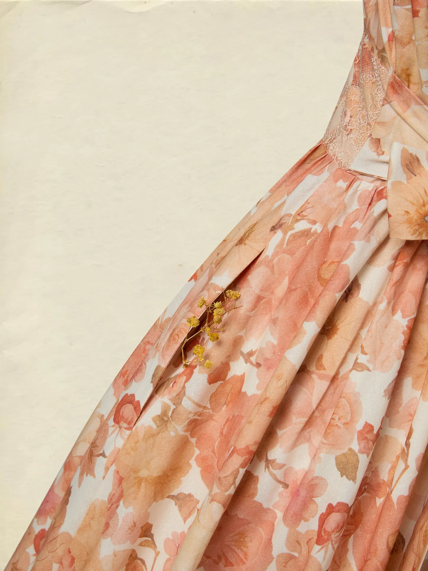 Maxi Linen Dress, Sleeveless, V Neck, Floral, Lace, Vacation, Vintage, Light Orange - Light Orange