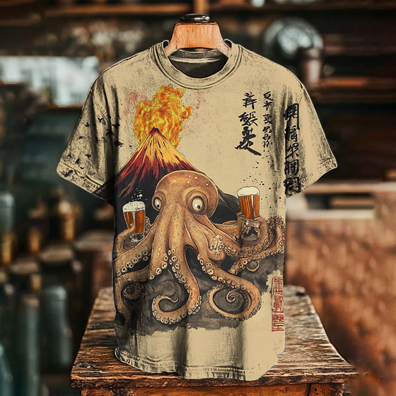 Men's Drunk Octopus Calligraphy Art Print Casual T-shirt - Khaki