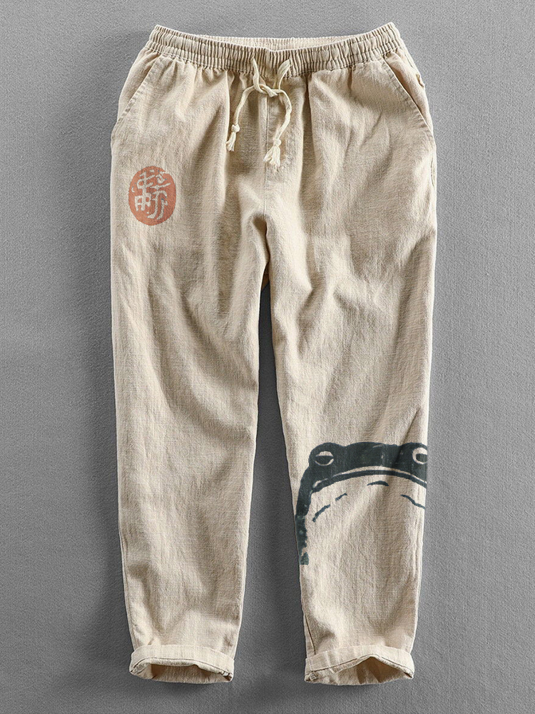Japanese Art Frog Print Cozy Cotton Linen Pants - Beige