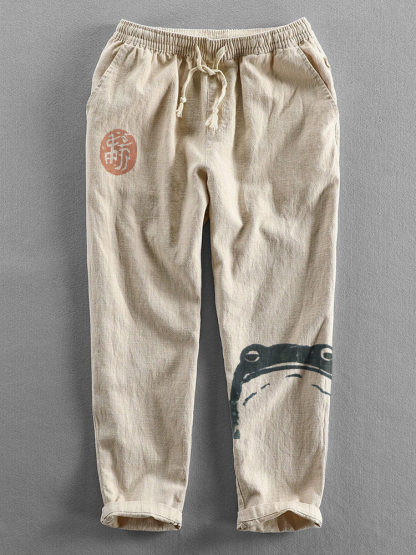 Japanese Art Frog Print Cozy Cotton Linen Pants - Beige