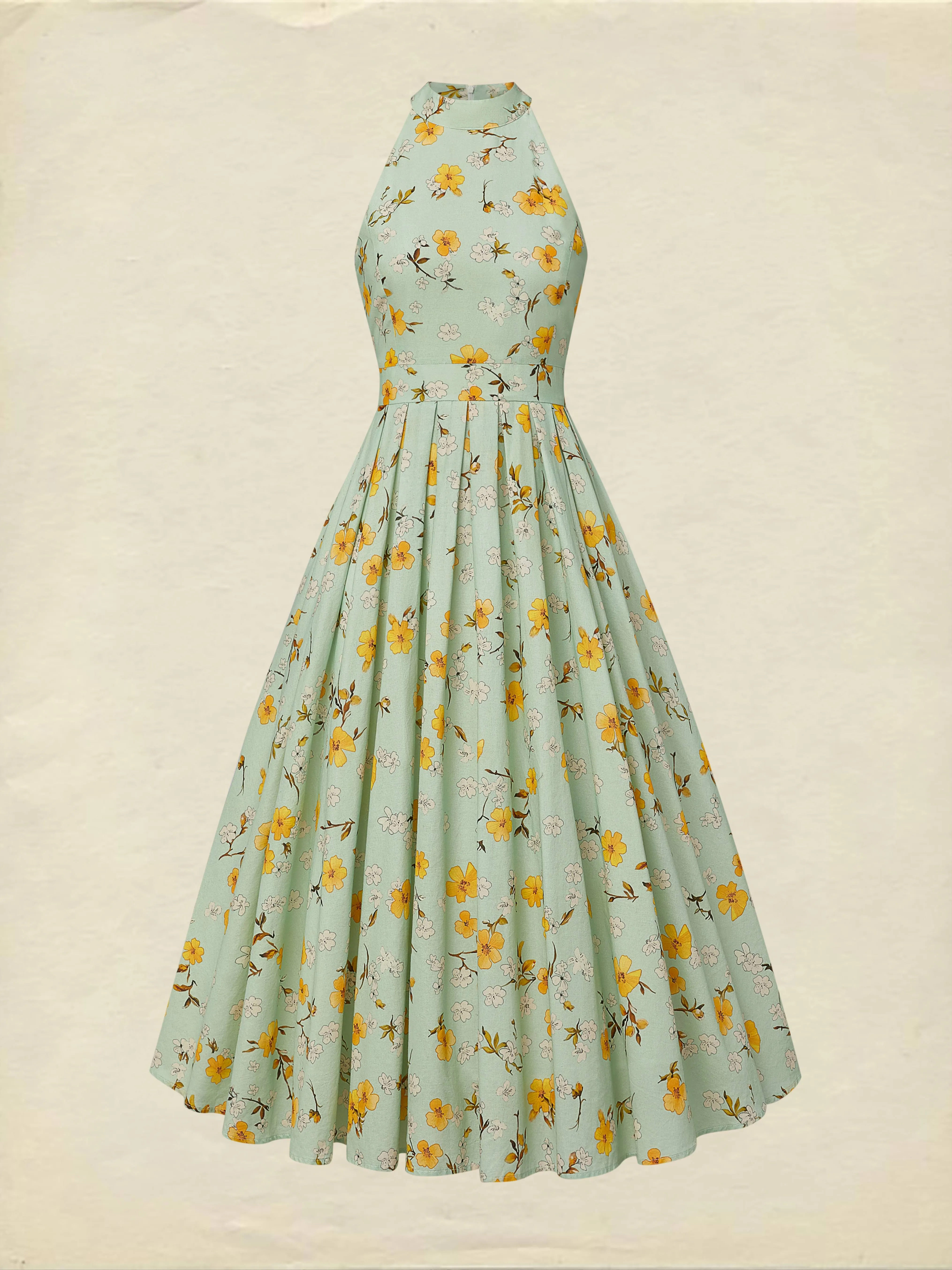 Midi Linen Dress , Sleeveless, Halter, Floral, Pocket Design, Vacation, Vintage, Green - Aqua