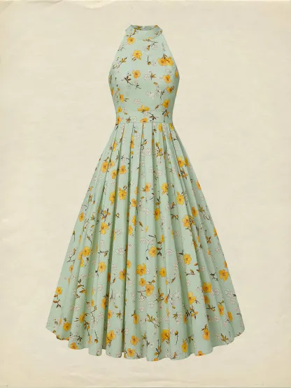 Midi Linen Dress , Sleeveless, Halter, Floral, Pocket Design, Vacation, Vintage, Green - Aqua