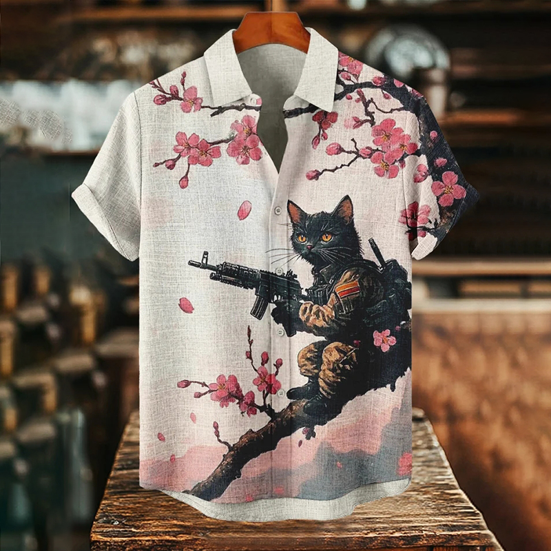 Men's Cats Fighting Under The Flower Tree Retro Nostalgic Print Art Print Casual Shirt - Pink