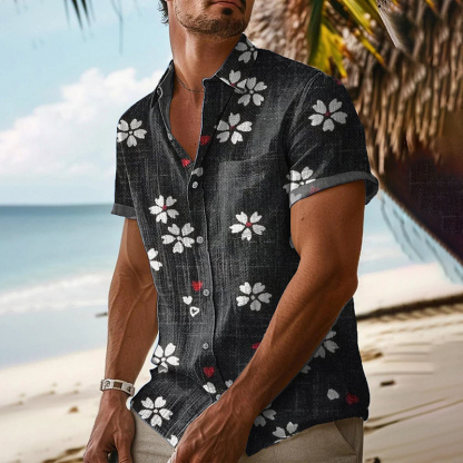 Men's Japanese Floral Art Casual Button-down Shirt - Black