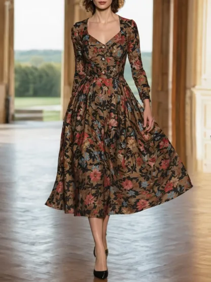 Midi Linen Dress, Long Sleeves, Sweetheart Neck, Floral, Button Design, Vacation, Vintage, Deep Brown - Deep Brown