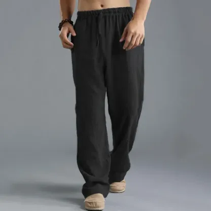Men'S Vintage Drawstring Casual Cotton Linen Pants - Black