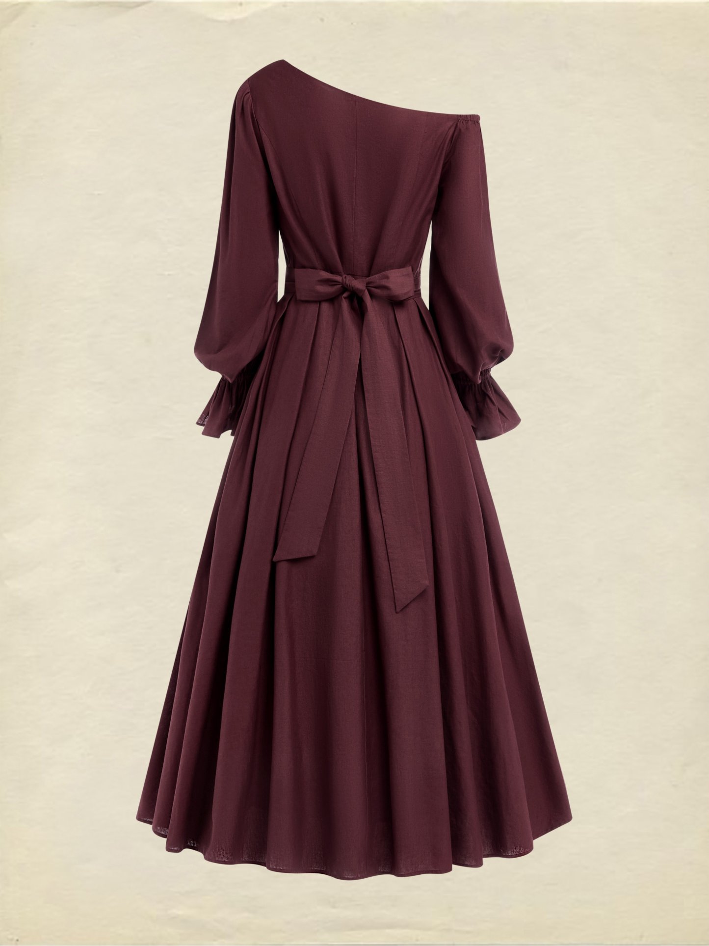 Midi Cotton Dress, Long Sleeves, One Shoulder, Plain, Belt Design, French Vintage, CAMEO BROWN - CAMEO BROWN