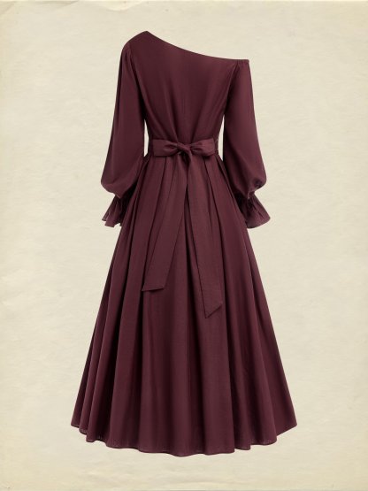 Midi Cotton Dress, Long Sleeves, One Shoulder, Plain, Belt Design, French Vintage, CAMEO BROWN - CAMEO BROWN