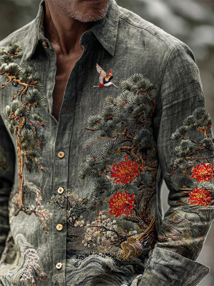 Japanese Pine & Chrysanthemum Embroidery Men's Long Sleeve Shirt - grey
